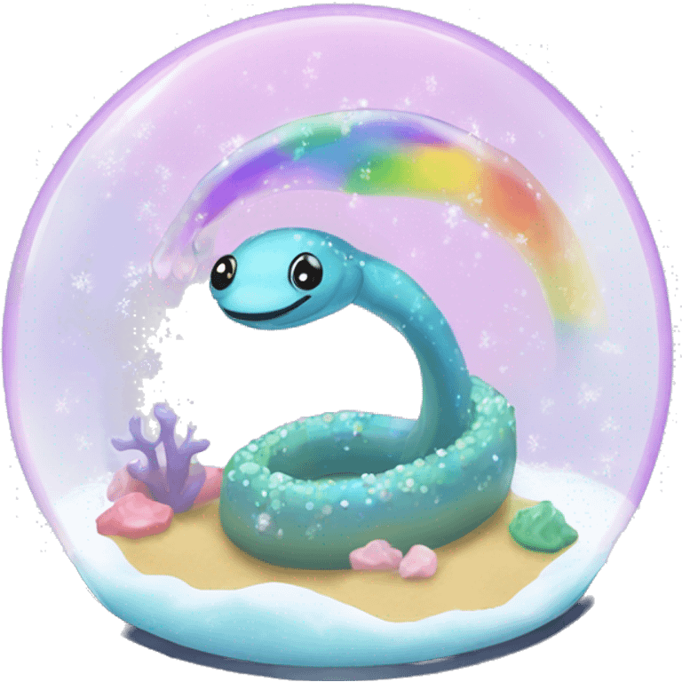 Kawaii rainbow pastel bedazzled eel in an under the sea snow globe  emoji