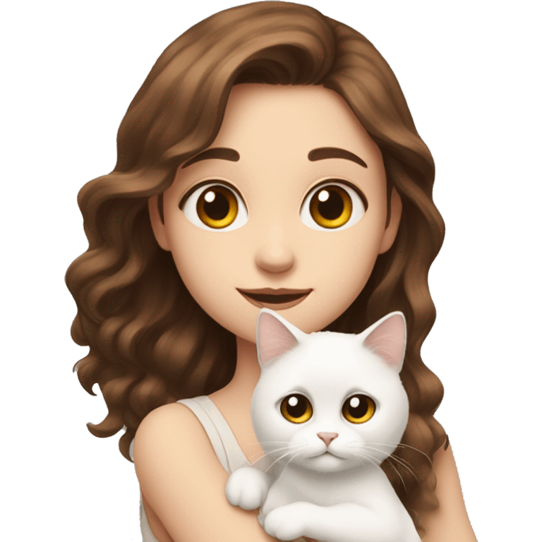 A girl with brown hair is holding a white fluffy cat with different eyes emoji