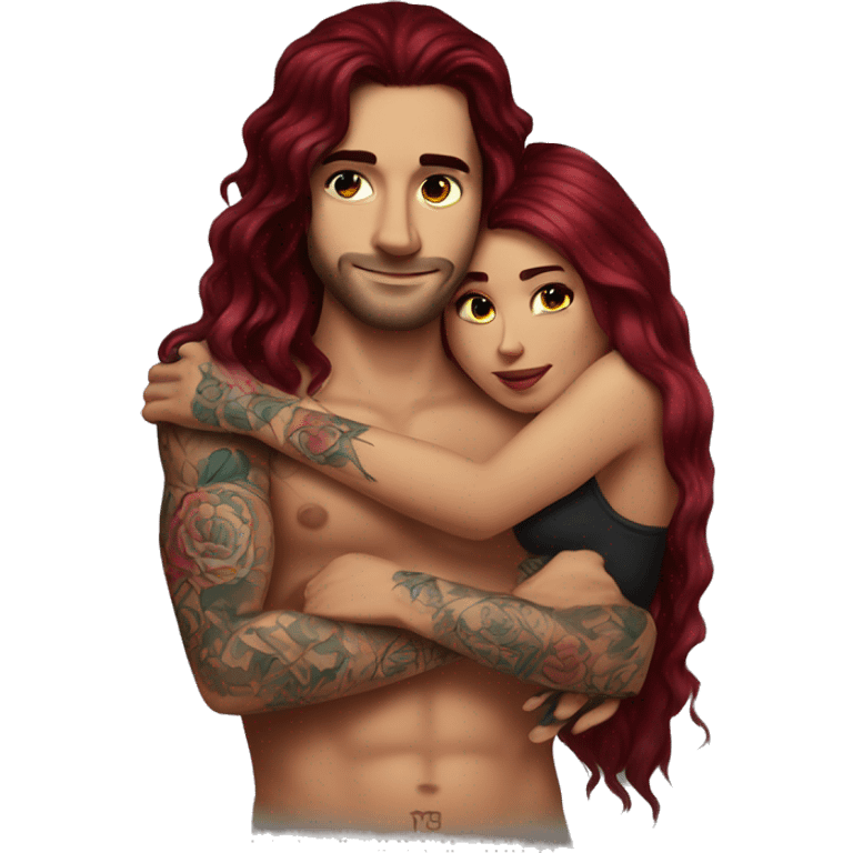 Beautiful tattooed burgundy long haired woman laying on the boyfriends chest emoji