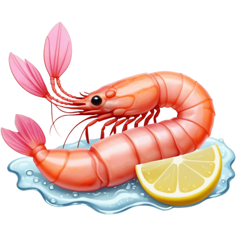 Cinematic glistening shrimp, pink and juicy, slightly curled with a light char, served with lemon wedges, ultra-detailed and fresh, warm glowing background. emoji