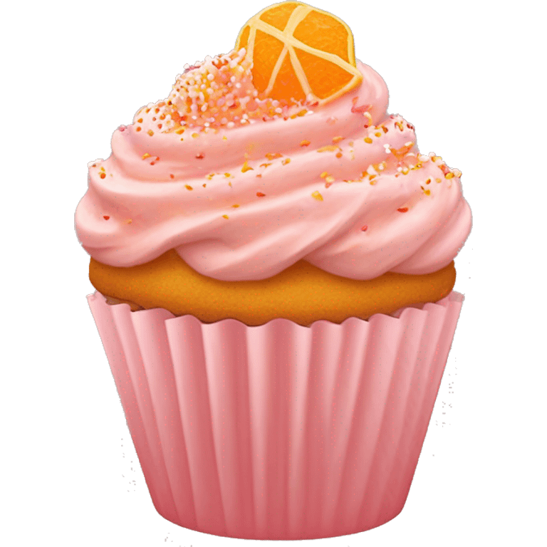 realistic cupcake with lots of light pink frosting and light orange cupcake wrapper and orange and peach colored sprinkles and orange sugar sprinkles… no fruit on top of cupcake emoji