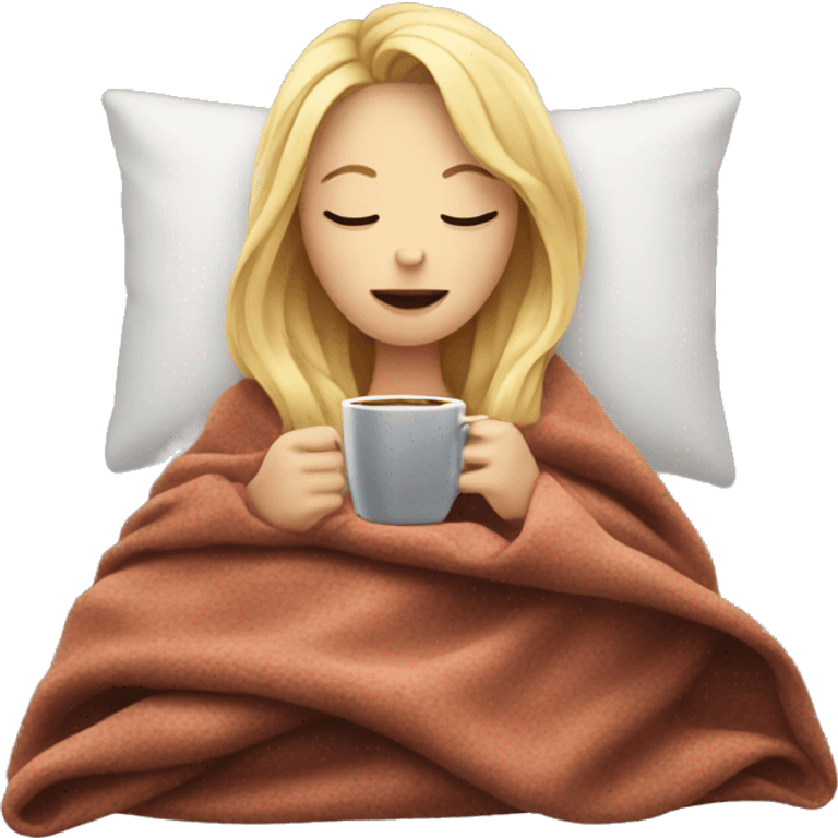 Blonde girl inside a blanket sipping coffee eyes closed emoji