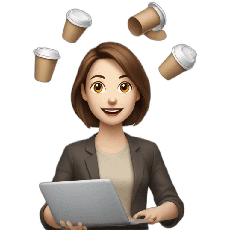 woman juggler with brown hair and pale skin juggling coffee cups and mini laptops emoji