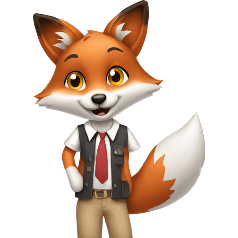  Happy fox in a shirt. She stands and uses her favourite app in the phone, and she stares in the phone emoji