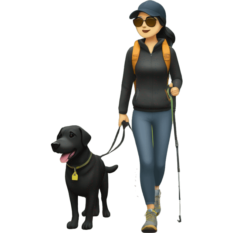 asian woman with black cap and sunglasses hiking with black lab dog emoji