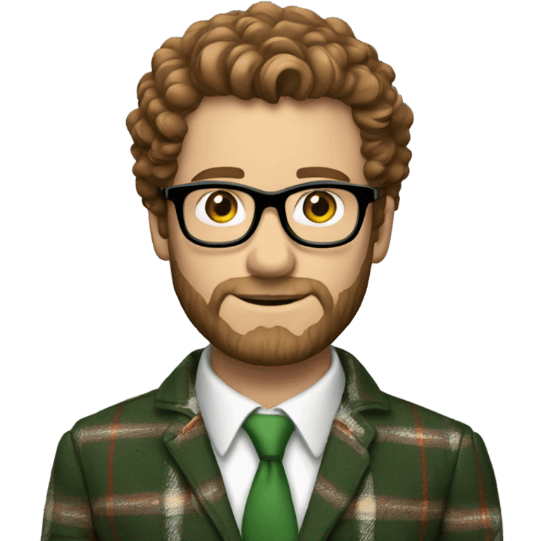 Light white man, brown short curly hair, brown beard, black framed glasses, green eyes, brown plaid blazer, white shirt, red tie emoji