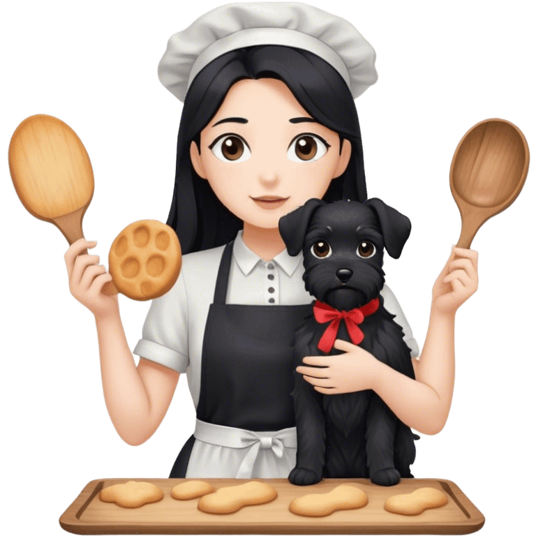 pale girl with long black hair wearing black long shirt wearing apron and baking holding black floppy ear schnauzer emoji