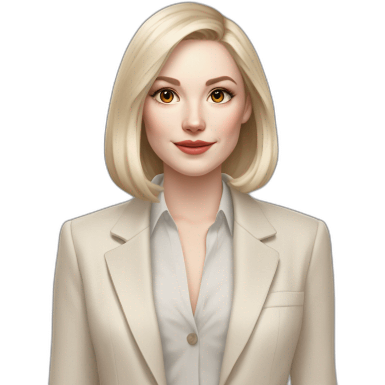 pale skin woman with ash blonde Straightened bob Hair, White Spacious classical jacket, beige palazzo Arrow pants and gray blouse holding a color palette in the hands emoji