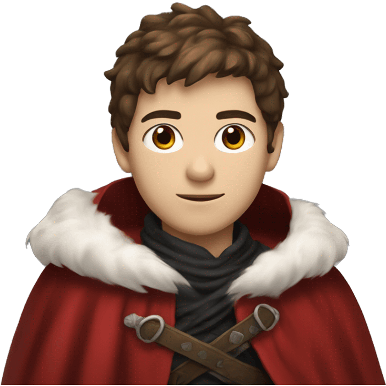 A young swordsman with messy brown hair wearing a red cloak with white fur, as well as a black scarf wrapped around his neck emoji