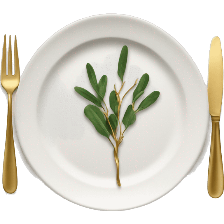 Modern Thanksgiving table emoji: A tiny, chic table setting with gold cutlery, a white plate, and a sprig of greenery on a neatly folded napkin. emoji