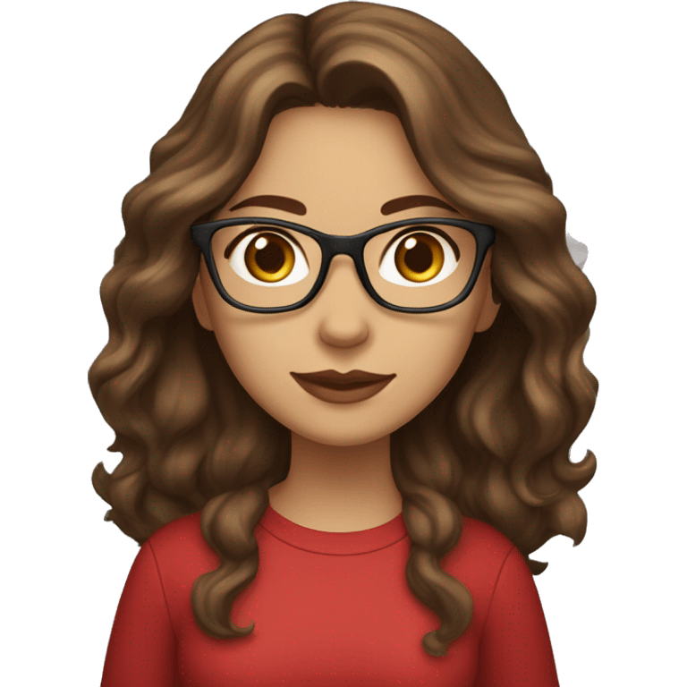 female coder with apple laptop in front of her, long wavy brown hair, brown eyes, type of glasses cat eyes, light skin, dark-brown wavy hair, red clothes emoji