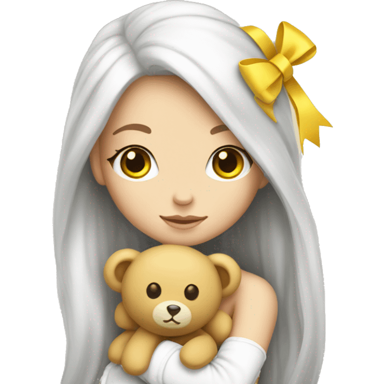 cute white doll, with yellow bow in her hair, long straight hair, hugging a Teddy bear emoji