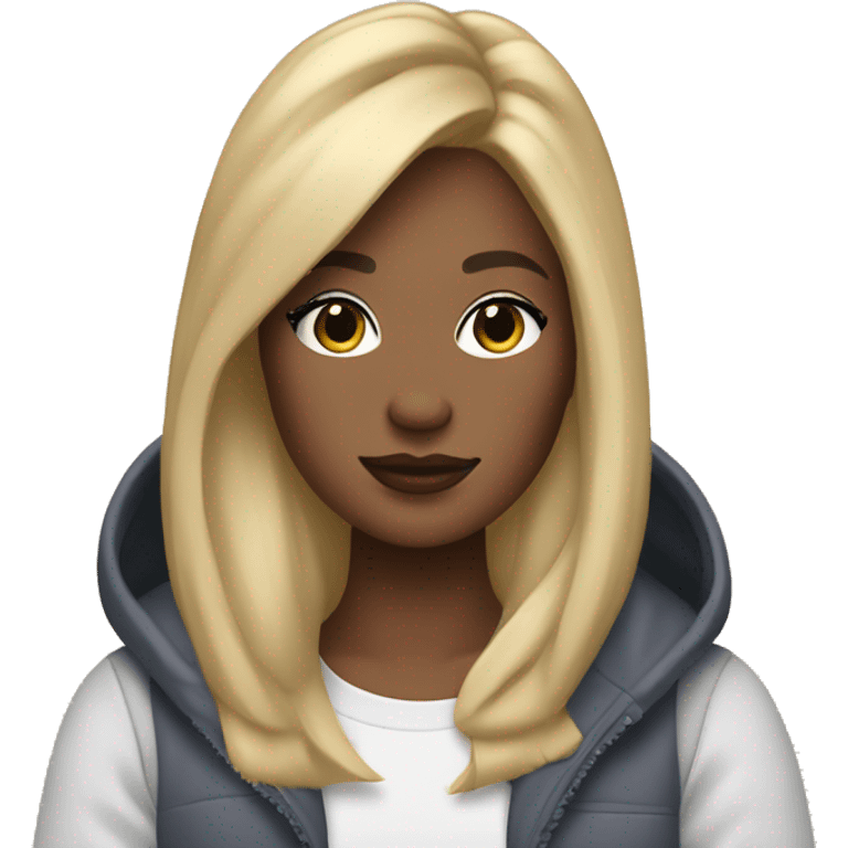 IT-girl with blond hair working at the MacBook, wearing AirPods Max emoji