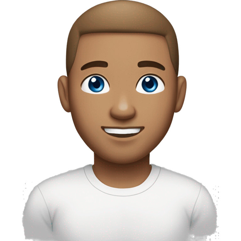 A guy with blue eyes, light skin, shaved brown hair under 0.5, white T-shirt, silver earring piercing with cross on left ear. emoji