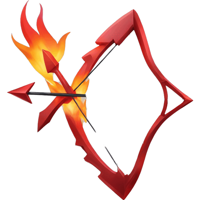 Bow with arrow sculpture symbolizing sagittarius with a geometric, faceted design. The symbol is standing upright with angular and disney features. The vibrant red flame colors highlights the sharp edges and planes. emoji