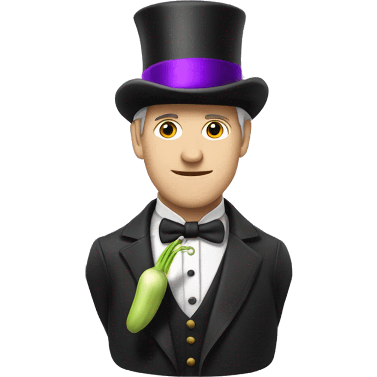 White man wearing a Top Hat with a purple band holding a leek emoji