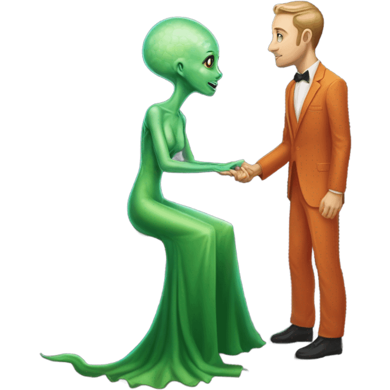 alien reptilian green skin woman, long slim pastel orange formal party satin dress with gradient shiny sparkling dark red, and caucasian man in black dres on his knees asks her to marry her emoji