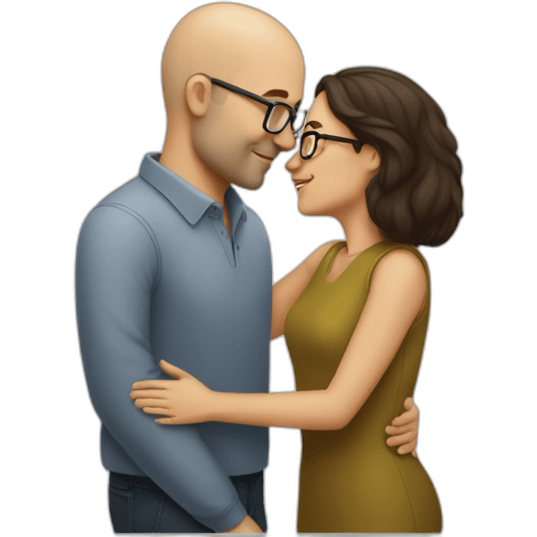 dark brown haired woman kissing bald man with glasses emoji