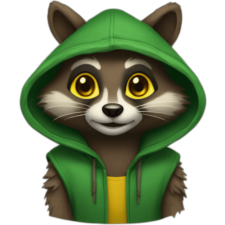 brown raccon with yellow eyes and a green hood that smiling emoji