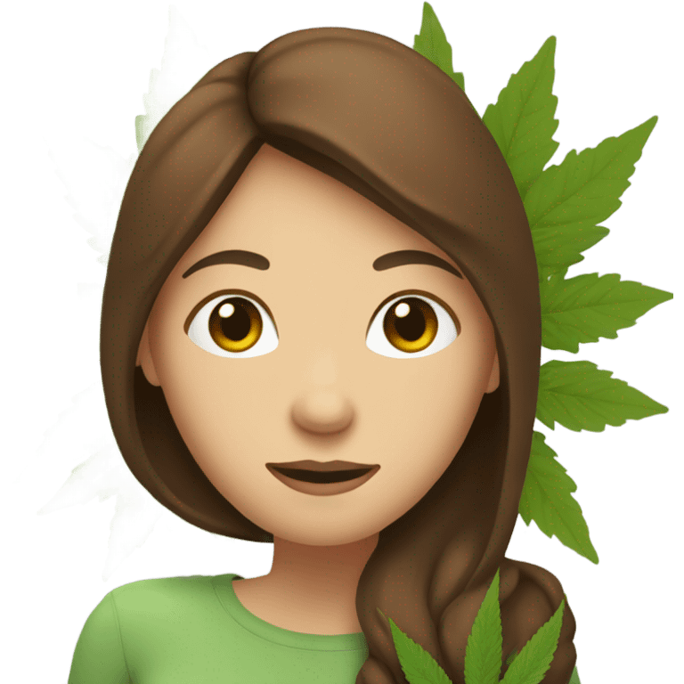 Woman with brown hair hugging marijuana leaf emoji