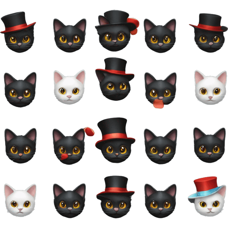 A black cat with red nose, white mouth and with a magician hat emoji