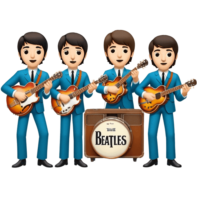 Cinematic Realistic The Beatles Group Emoji, depicted as an iconic band of four exuding playful charisma and musical genius with retro instruments and vibrant expressions, rendered with rich textures and nostalgic dynamic lighting that captures their legendary impact on pop culture. emoji