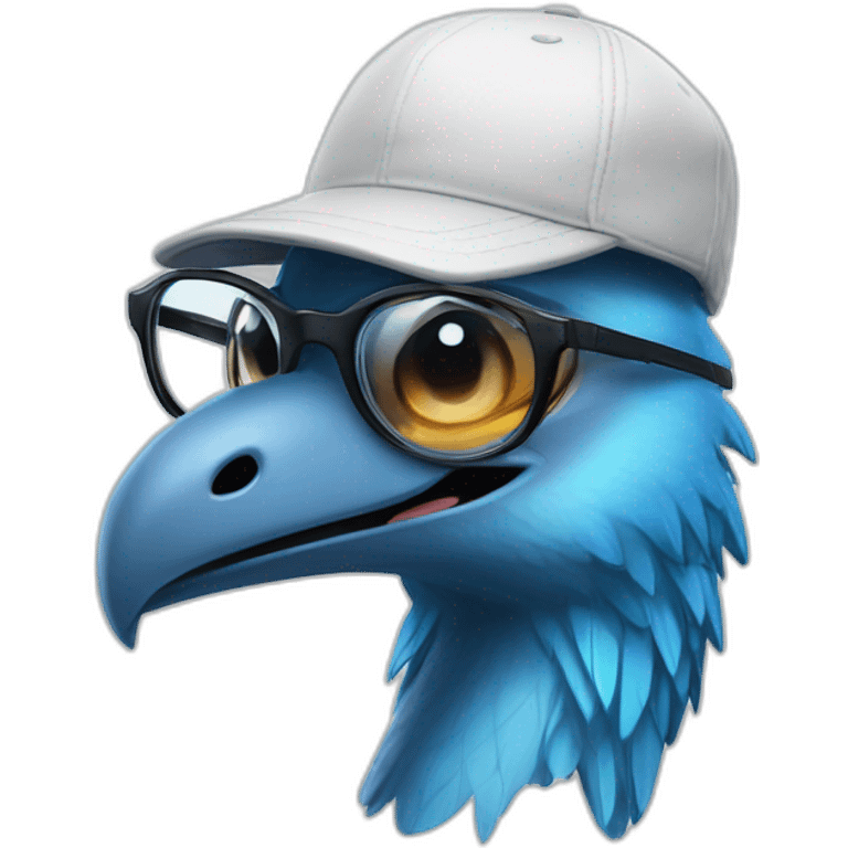 Crazy funny Cyberpunk Articuno head with beautiful smile wearing glasses and hat emoji