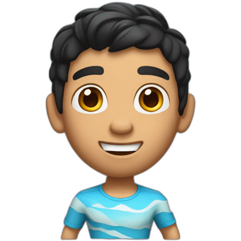 emote with pixar style 3d illustration of a man with tanned skin, black hair, fade haircut and brown eyes who is surfing emoji