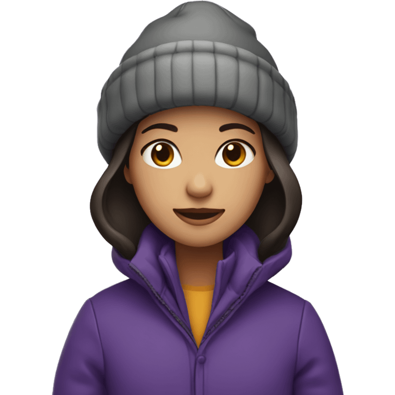 girl with dark hair wearing purple winter hat and coat emoji