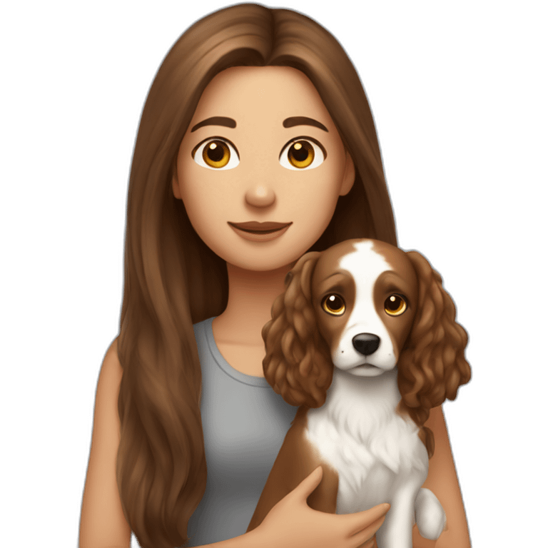 Girl with long brown hair and little griffin dog emoji