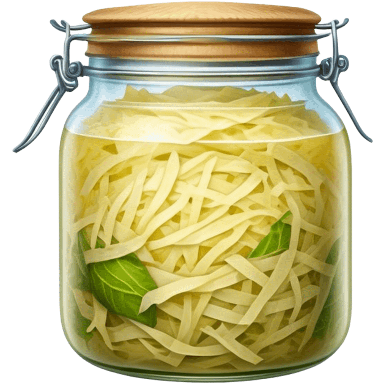 Sauerkraut Cinematic Realistic Sauerkraut Dish Emoji, depicted as tangy fermented cabbage neatly served in a traditional jar, rendered with vibrant textures and crisp, natural lighting. emoji