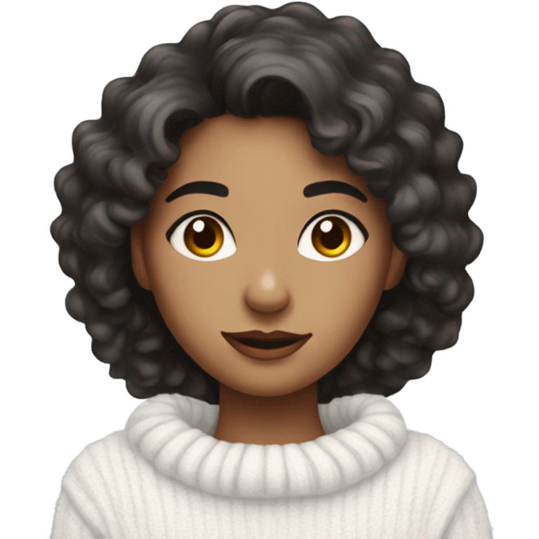 Beautiful girl with dark wavy hair in white fluffy sweater emoji