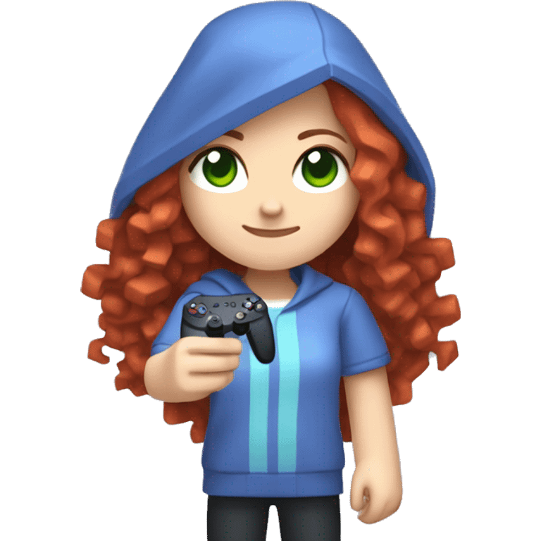 a white girl with long red curly hair, wearing periwinkle Minecraft hoodie holding a controller emoji