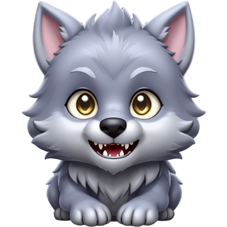 Cinematic Cute Werewolf Portrait Emoji, with a cuddly, miniature lupine form in soft moonlit grays and silvers, featuring oversized sparkling eyes and a sweet, endearing snarl, simplified yet irresistibly adorable, highly detailed with a gentle glowing outline that captures the playful, heartwarming essence of a little werewolf! emoji