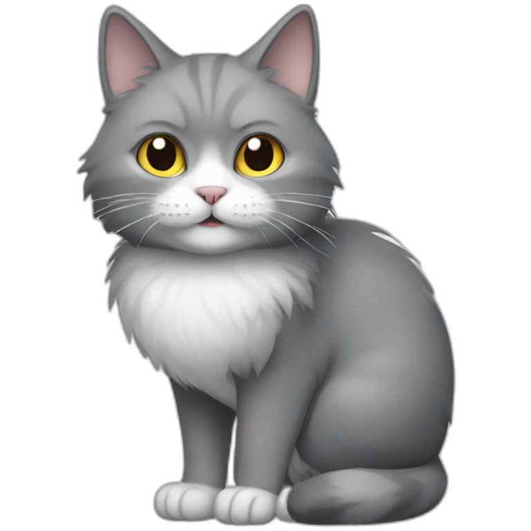 grey furry cat with white mouth and white stomach is standing emoji