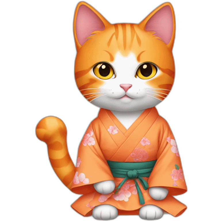 Beautiful orange cat wearing kimono holding peach emoji