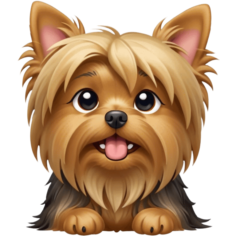 Cinematic Cute Yawning Yorkshire Terrier Portrait Emoji, Head tilted with a playful, drowsy expression and droopy, adorable eyes, featuring a soft, well-groomed fur in rich hues, simplified yet irresistibly endearing, highly detailed, glowing with a warm, cozy radiance, high shine, exuding a relaxed yet spunky charm, styled with a gentle, soft glowing outline, capturing the essence of a Yorkshire Terrier mid-yawn that seems as if it could cuddle right off the screen! emoji