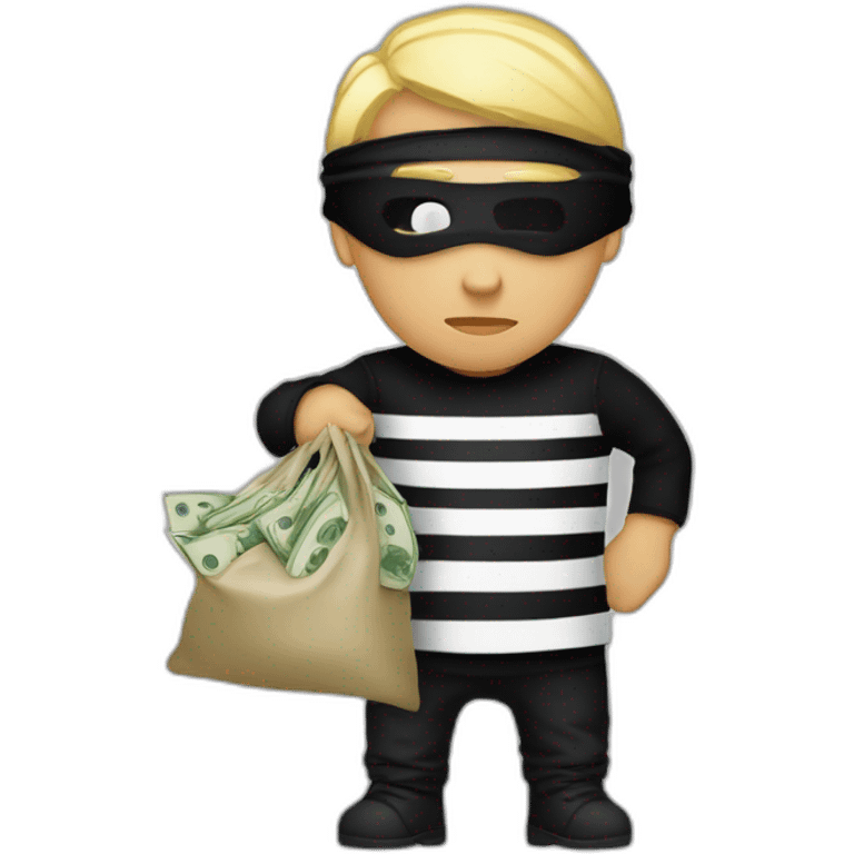 robber with blonde hair wearing a black beanie and a long sleeved white and black horizontally striped t-shirt and wearing black eye mask and holding a bag of money in their left shoulder emoji