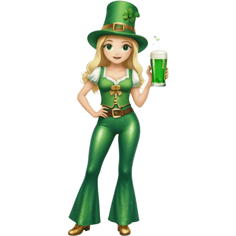 Blonde haired girl in glittery green bell bottoms and tall leprechaun hat holding a green beer emoji