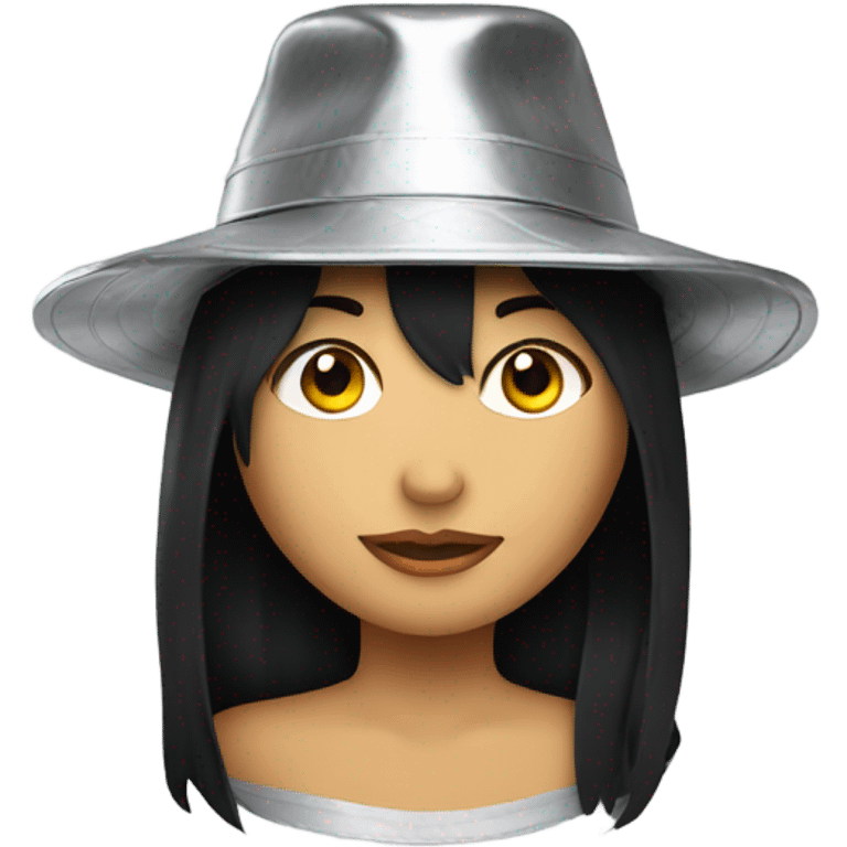 Girl with black hair wearing a hand made hat made of aluminum foil emoji