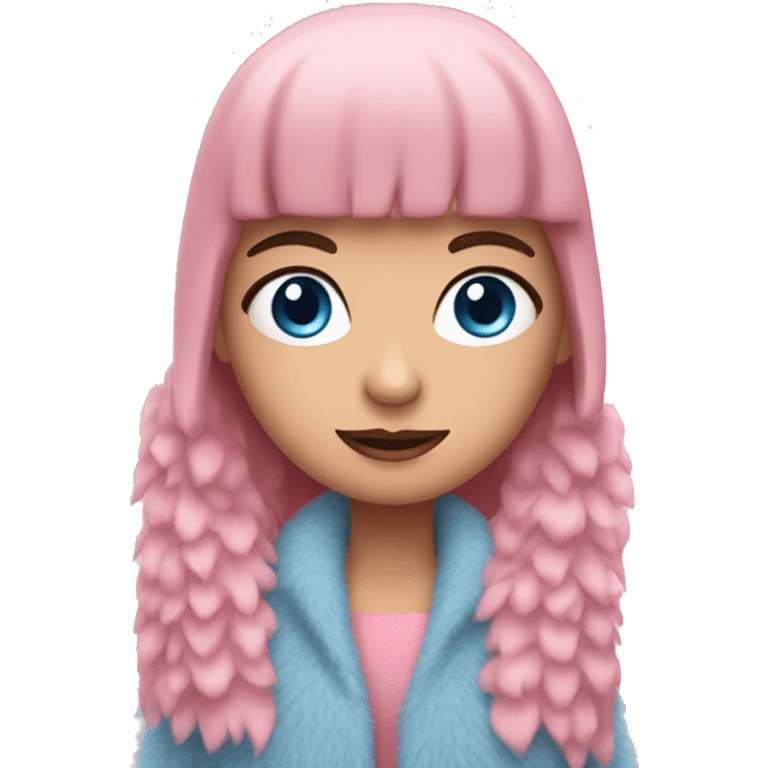 a brunette girl with blue eyes in a pink fringe fur coat emoji