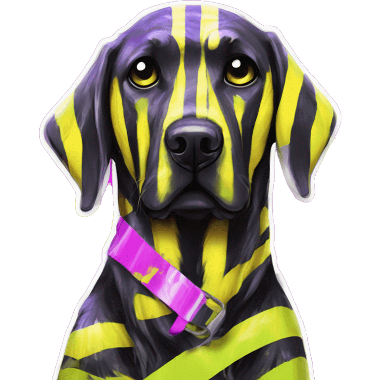 .Zombie_ Vaporwave black holographic oilslick zombie yellow Labrador zombie dog yellow caution tape graffiti stripes yellow and black stripes emoji