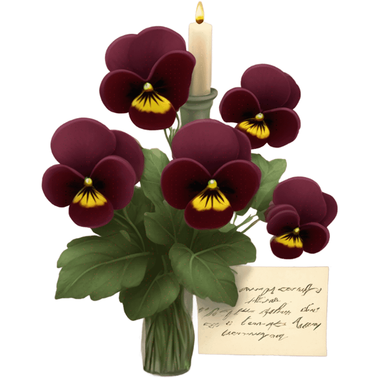 A handwritten love note resting beside a bouquet of burgundy pansies and a flickering candle
 emoji