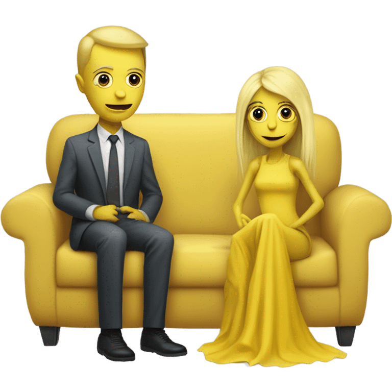 blonde alien reptilian woman in jellow dress and humman man, sitting on a couch  emoji