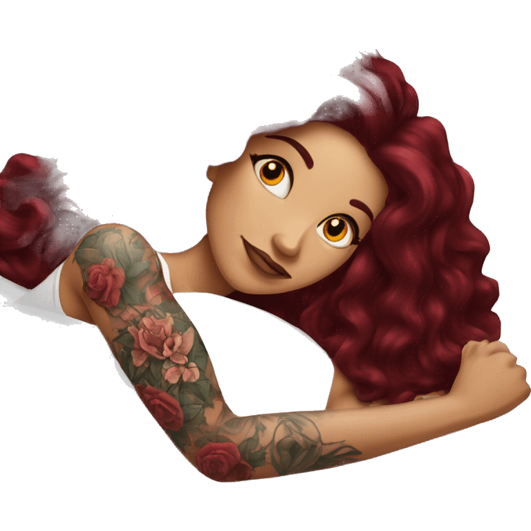 Beautiful tattooed burgundy long haired woman laying on the bed emoji