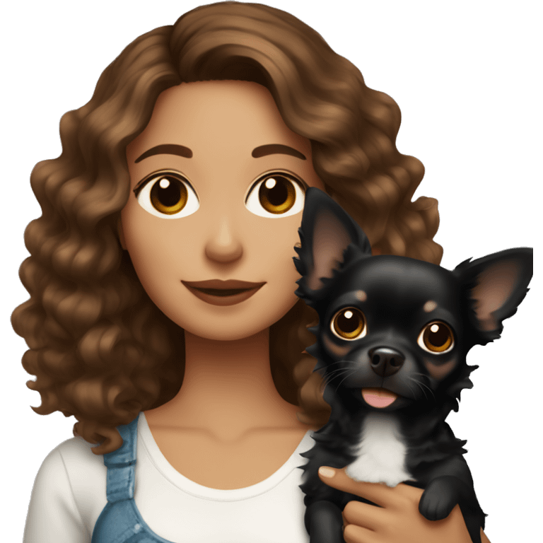 Pretty woman with brown wavy hair holding a black chihuahua  emoji