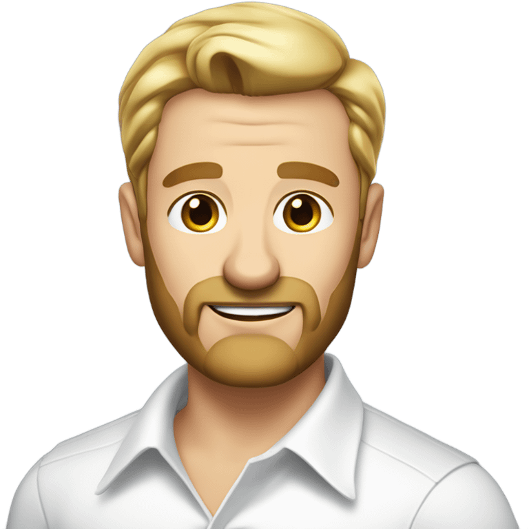 middle aged english man, short slicked back hair blonde, blonde medium length size full beard, in a smart white unbuttoned shirt. emoji