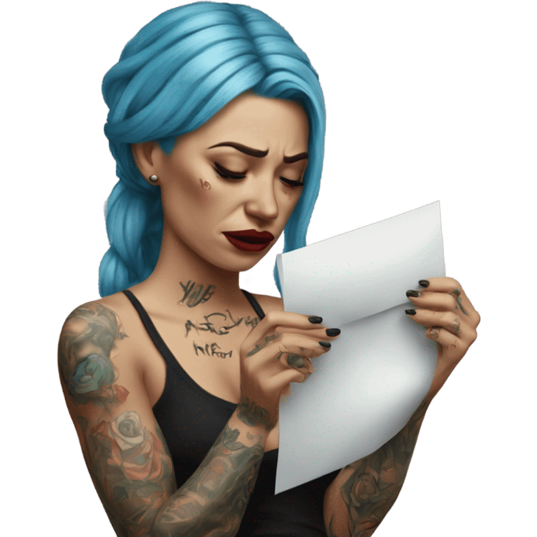 Hyper Realistic Beautiful tattooed woman crying holding a letter  emoji