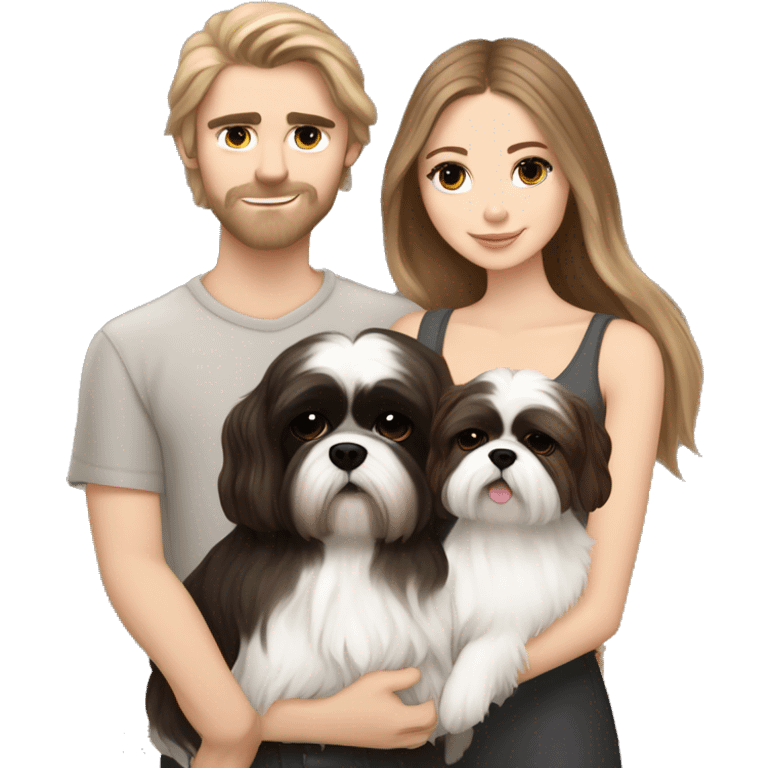 A couple, one very beautiful white  girl with very long volume dark blond hair and one white boy with perfect brown hair that hugs her and also hugs two little dogs shih tzu black and white emoji