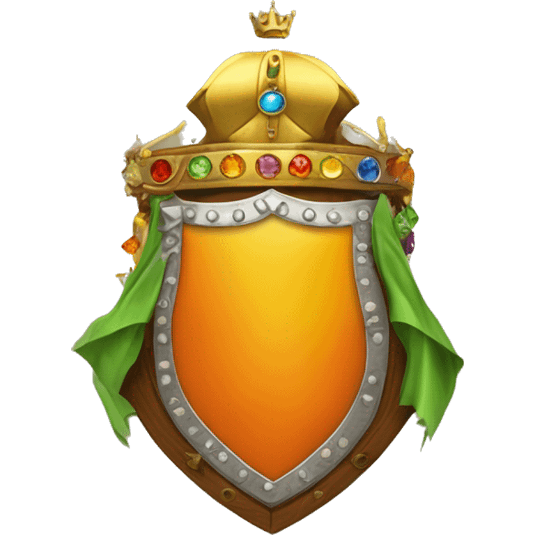 Flag: white left, orange right. Center: shield with golden crown, colorful gems. Shield: golden border, yellow background. Creature: lion upper, brown; dragon lower, green scales. emoji